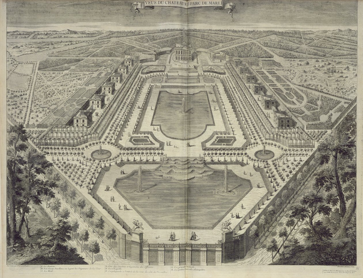 Kilátás a kastélyra és a Marly-i parkra, Sebastian Antoine metszete (1687-1761), 1715 körül alkotó: Pierre Lepautre