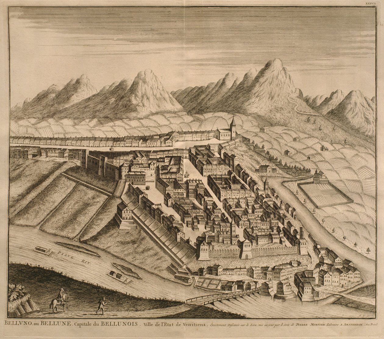 Belluno térképe a „Les Villes de Venetie”-ből, 1704, Pierre Mortier adta ki Amszterdamban alkotó: Pierre Mortier