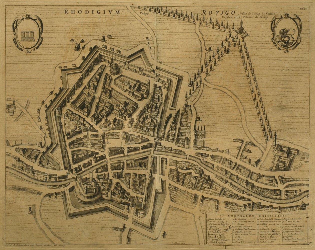 Rovigo térképe, a „Les Villes de Venetie”, 1704, Pierre Mortier adta ki Amszterdamban alkotó: Pierre Mortier