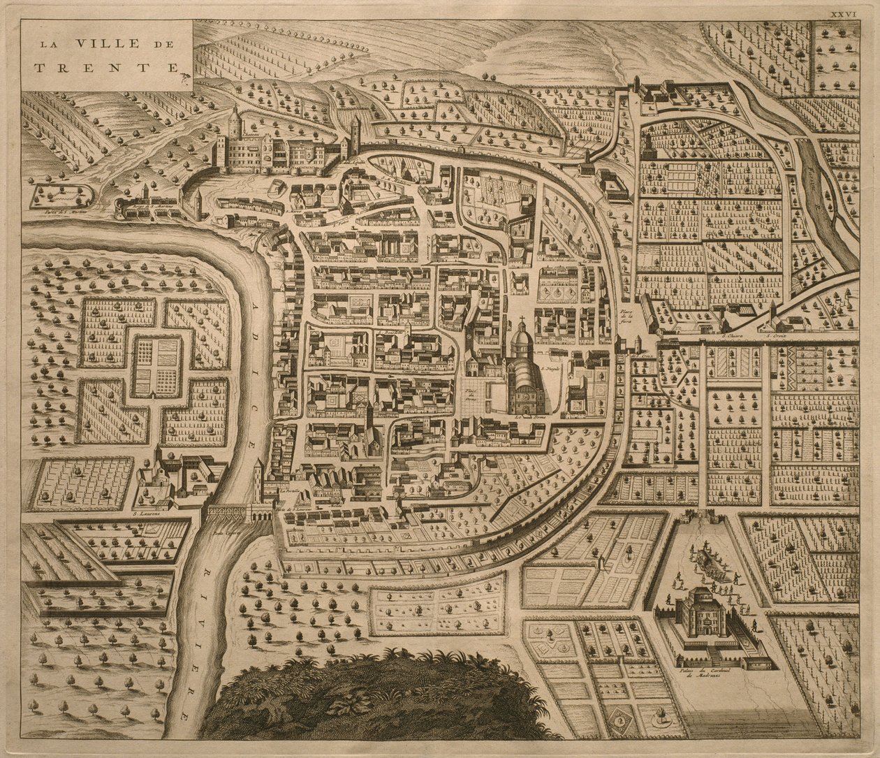 Trento térképe a „Les Villes de Venetie”-ből, 1704, Pierre Mortier adta ki Amszterdamban alkotó: Pierre Mortier