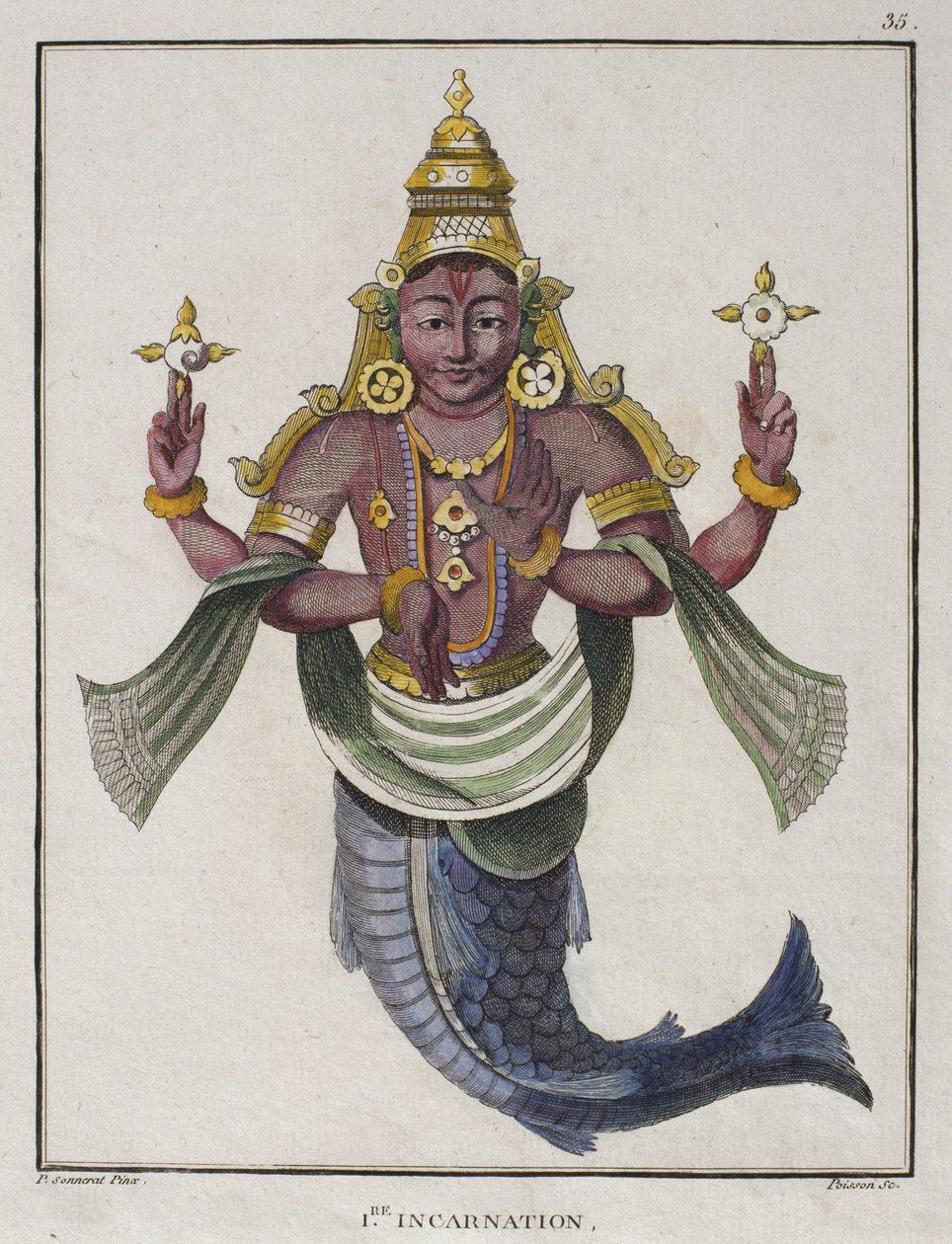 Visnu első avatárja, mint „A hal”, illusztráció Pierre Sonnerat „Voyage aux Indes Orientales et a la Chine” című művéből, vésette Poisson, 1782 (színes metszet) alkotó: Pierre Sonnerat