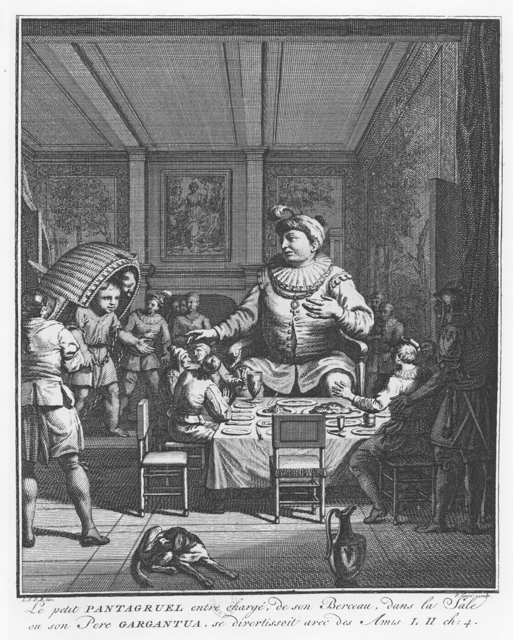 Gargantua látja, hogy fia, Pantagruel viszi a kiságyát, illusztrációja a „Gargantua és Pantagruel” című művéből, François Rabelais alkotó: Pierre Tanje