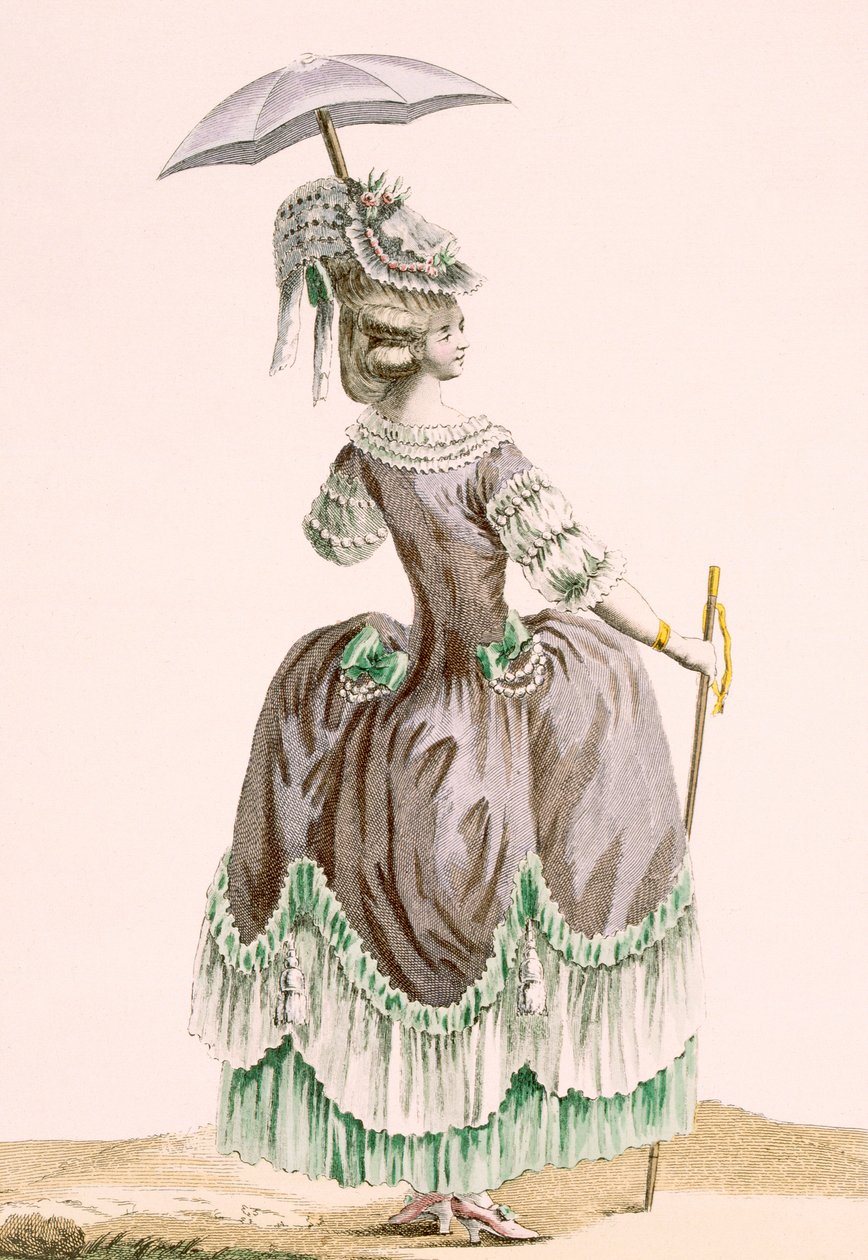 Hátulnézet a női szürke sétányruháról, Dupin gravírozásával, 38-as tábla a „Galeries des Modes et Costumes Francais”-ból, 1778-87 körül alkotó: Pierre Thomas Le Clerc