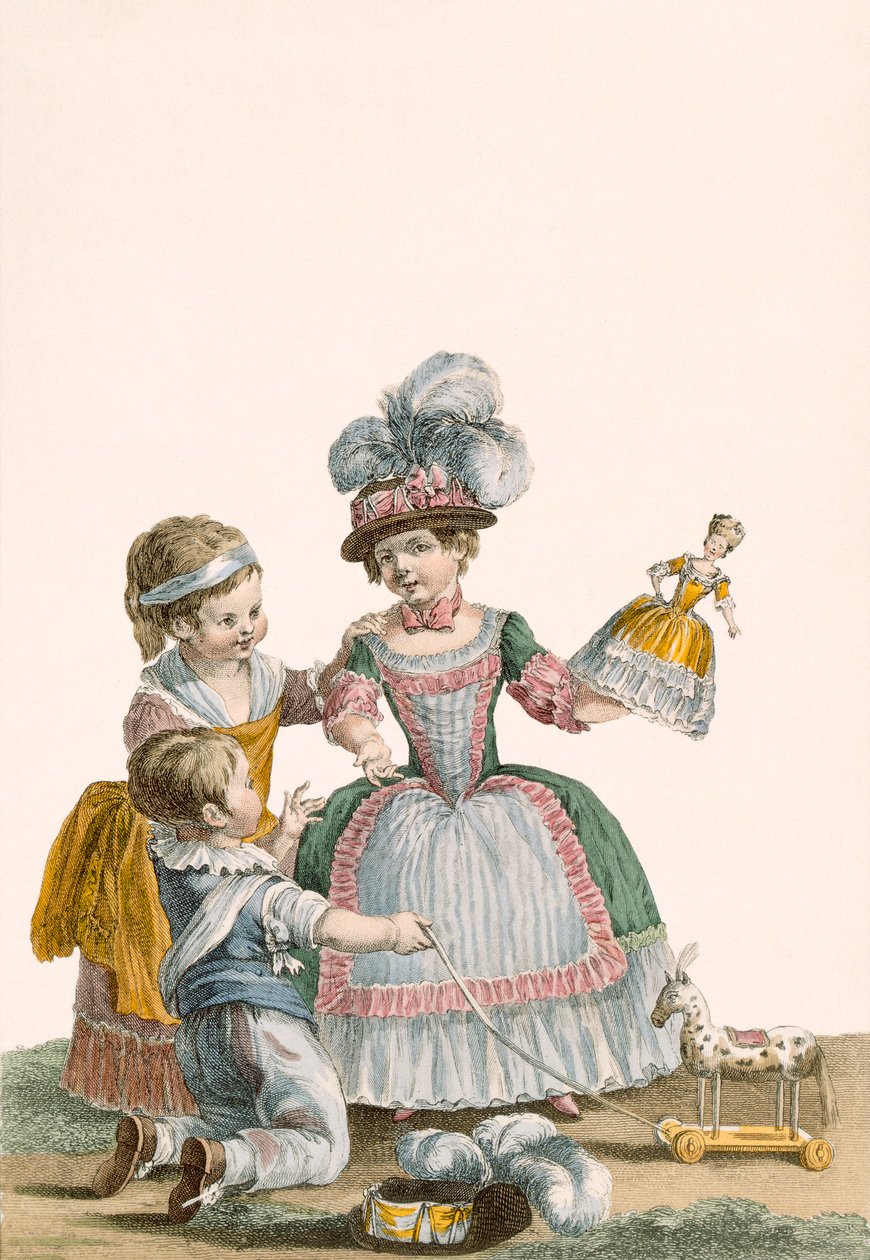 Játszanak a gyerekek, Patas metszete, tábla a „Galeries des Modes et Costumes Francais”-ból, 1778-87 99:ruházat; tradicionális öltözet; népviselet; divat; ábra; c1 alkotó: Pierre Thomas Le Clerc