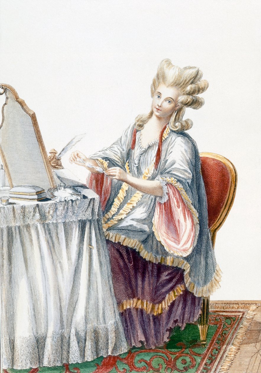 Elegáns hölgy a fésülködőasztalánál, a „Galerie des Modes et Costumes Francais” tányérja, vésette Dupin, 1778 alkotó: Pierre Thomas Le Clerc