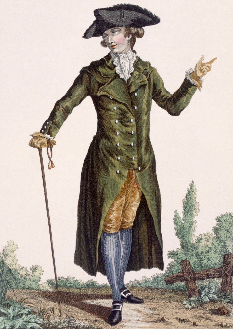 Zöld kabátos úriember, tányér a „Galeries des Modes et Costumes Francais”-ból, 1778-87 alkotó: Pierre Thomas Le Clerc