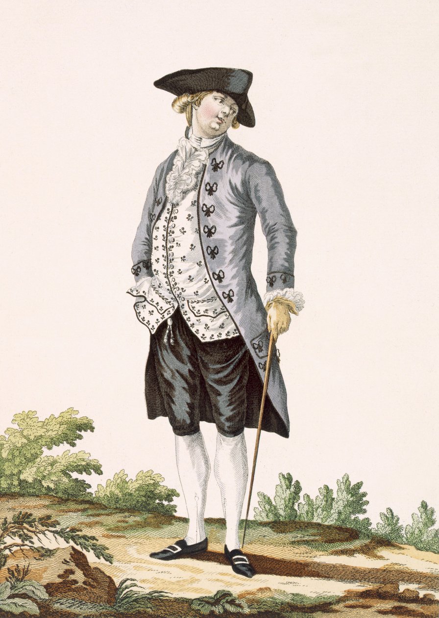 Szürke járóruhás úriember, Voysard gravírozása, 162-es tábla a „Galeries des Modes et Costumes Francais”-ból, 1778-87 körül alkotó: Pierre Thomas Le Clerc
