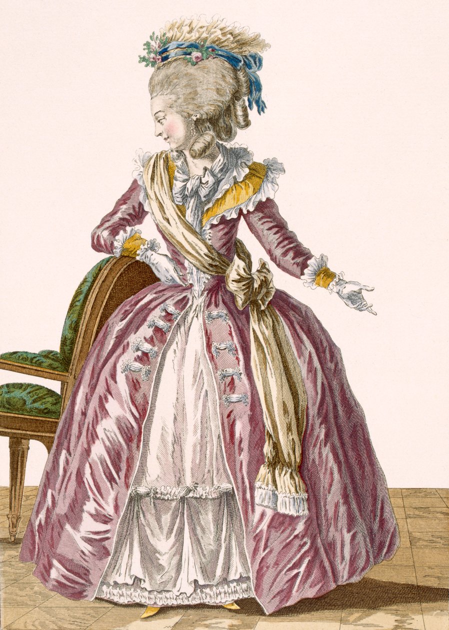 Női bordó ruha fehér alsószoknyával, Dupin gravírozásával, 166-os tábla a „Galeries des Modes et Costumes Francais”-tól, 1778-87 körül alkotó: Pierre Thomas Le Clerc