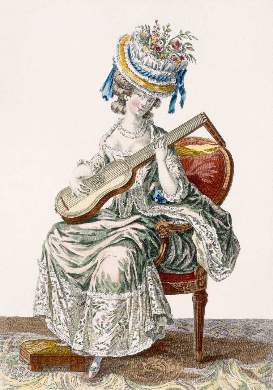 Hölgy csipkével díszített taftruhában, gitáron játszik, 113-as lemez a „Galerie des Modes et Costumes Francais”-ból, metszett: Charles Emmanuel Patas (1744-1802) 1778 alkotó: Pierre Thomas Le Clerc