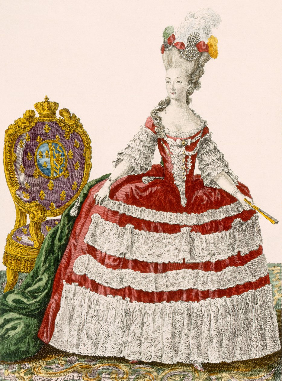 Sötét cseresznyeszínű hölgy udvari ruha, Patas gravírozásával, 44-es tábla a „Galeries des Modes et Costumes Francais”-ból, 1778-87 körül alkotó: Pierre Thomas Le Clerc