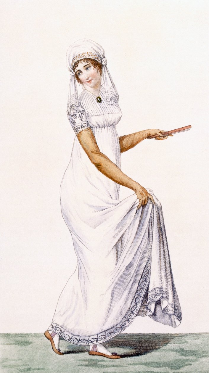 Női egyszerű fehér estélyi ruha, illusztráció a „Journal des Dames et des Modes” című folyóiratból, 1801 alkotó: Pierre de La Mesangere