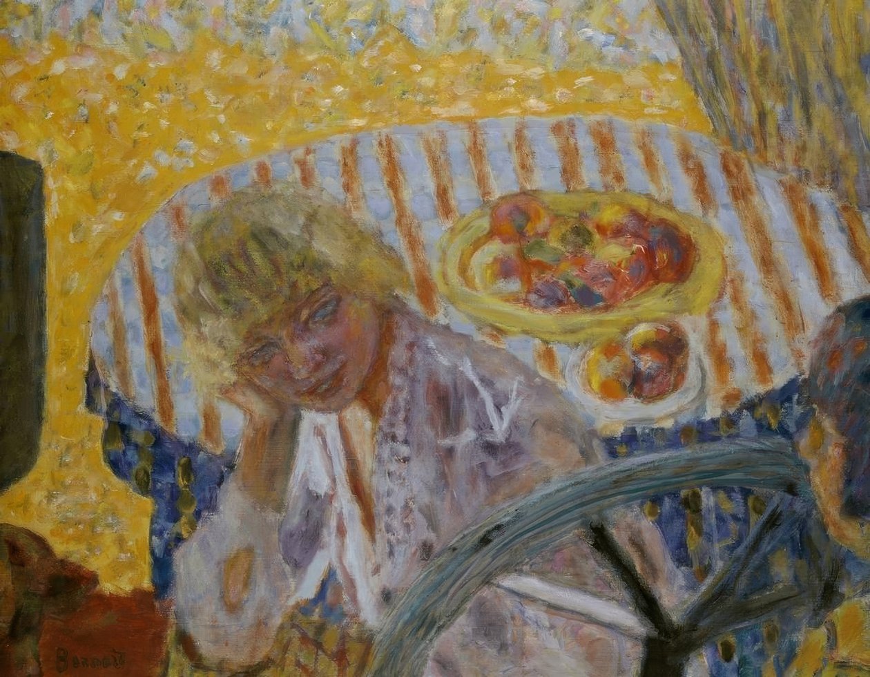Fiatal nő csíkos terítővel alkotó: Pierre Bonnard