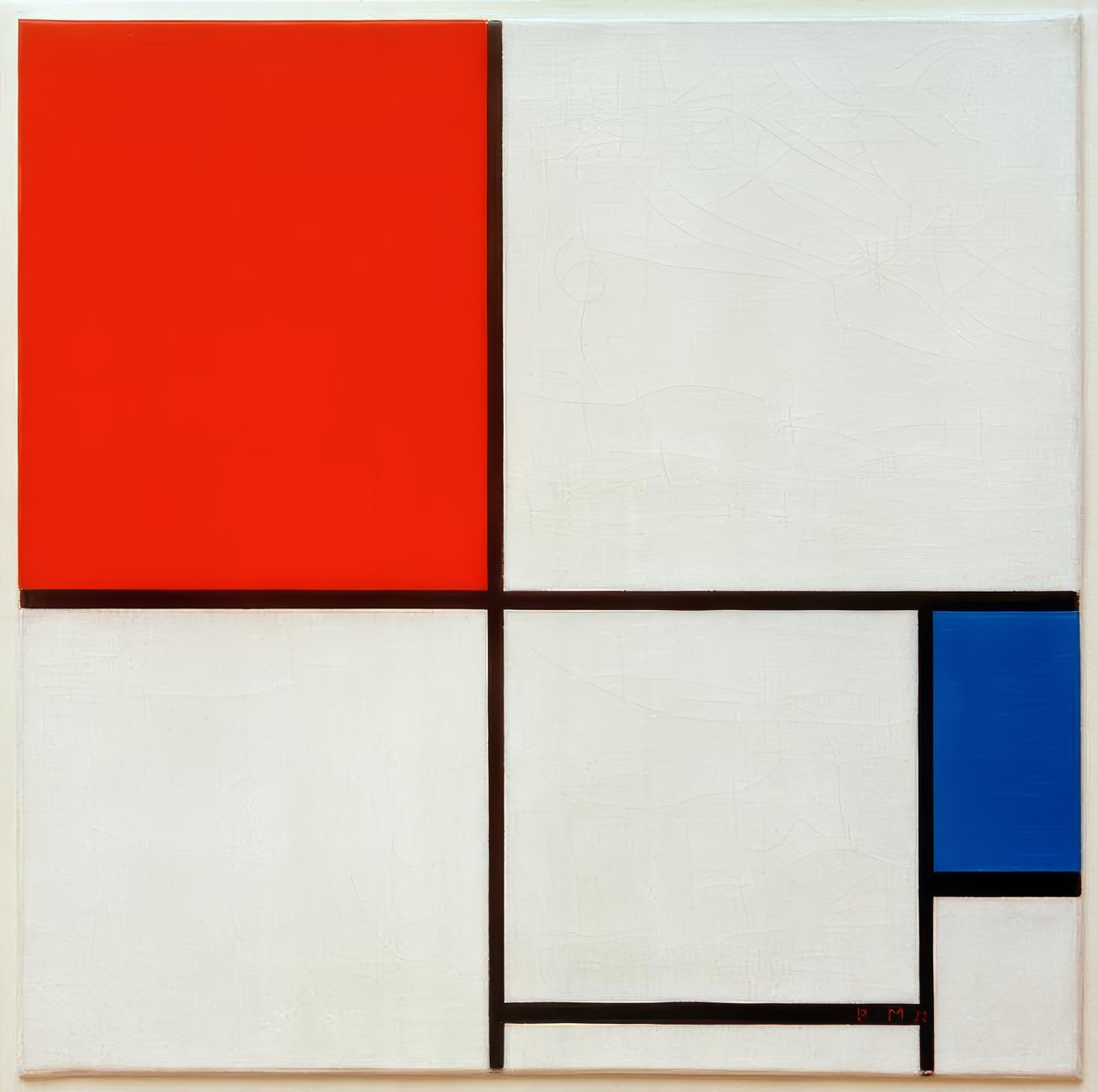 A kompozíció, piros és kék színekkel alkotó: Piet Mondrian