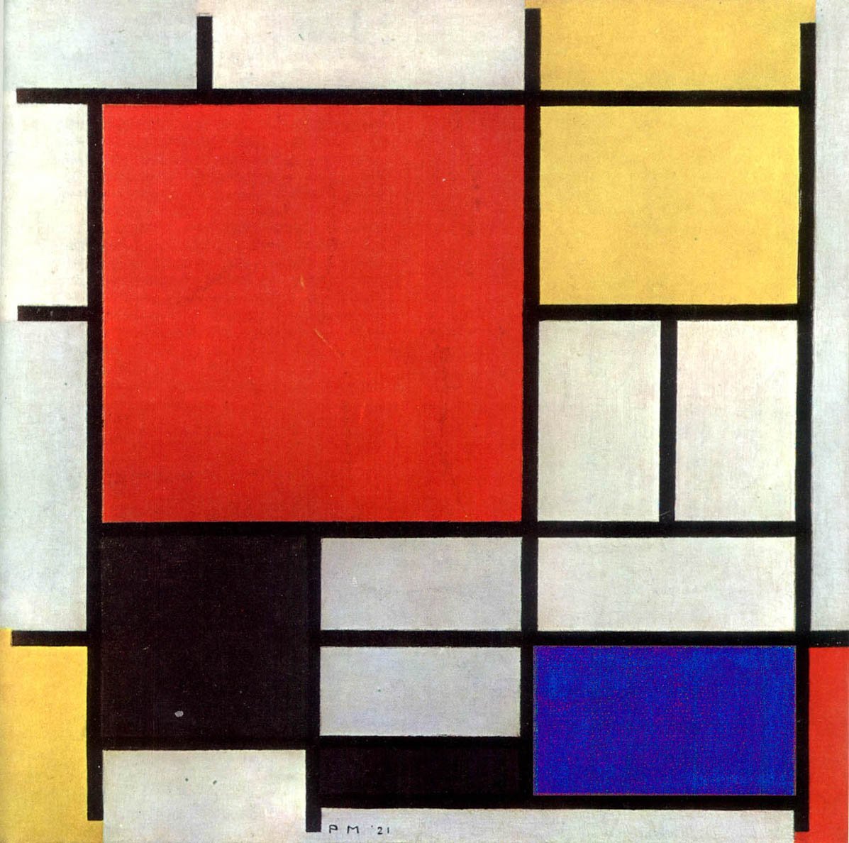 Összetétel piros, sárga, kék és fekete színben alkotó: Piet Mondrian