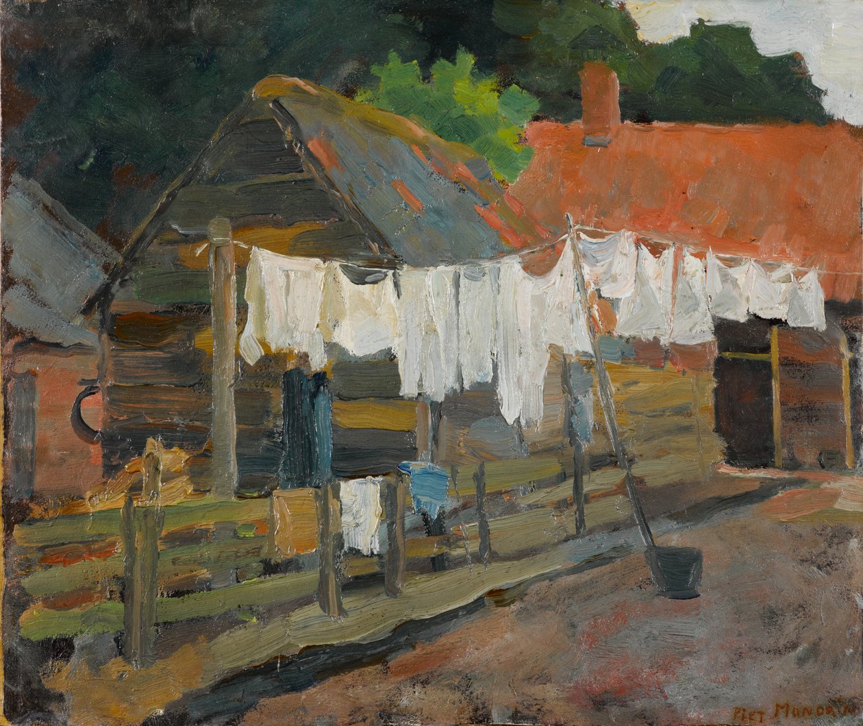 Farmhouse with Wash on the Line, 1898 körül (olaj, karton) alkotó: Piet Mondrian