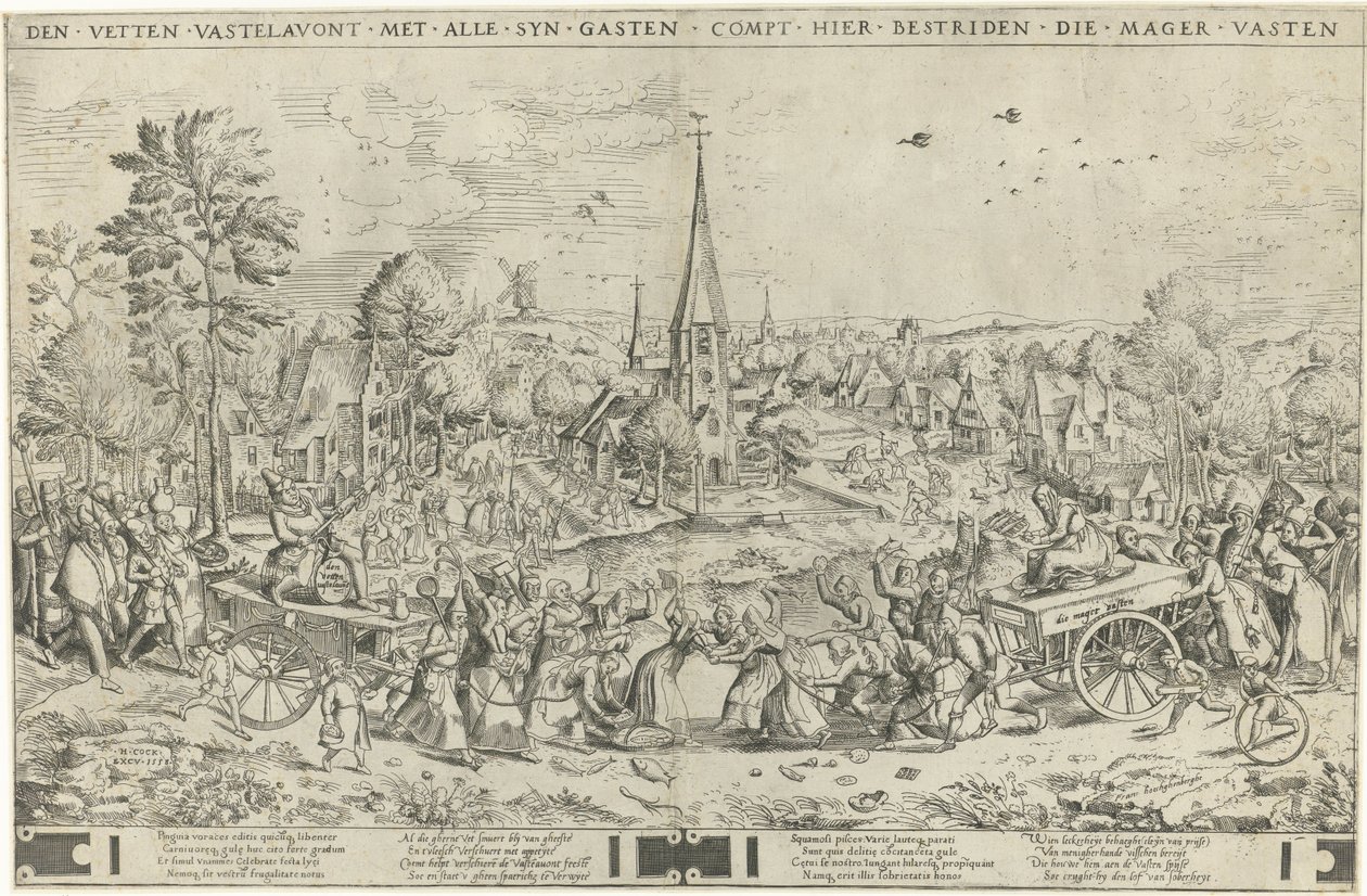 A karnevál és a nagyböjt harca, Pieter van der Heyden metszetében, 1558 alkotó: Pieter The Elder after Brueghel