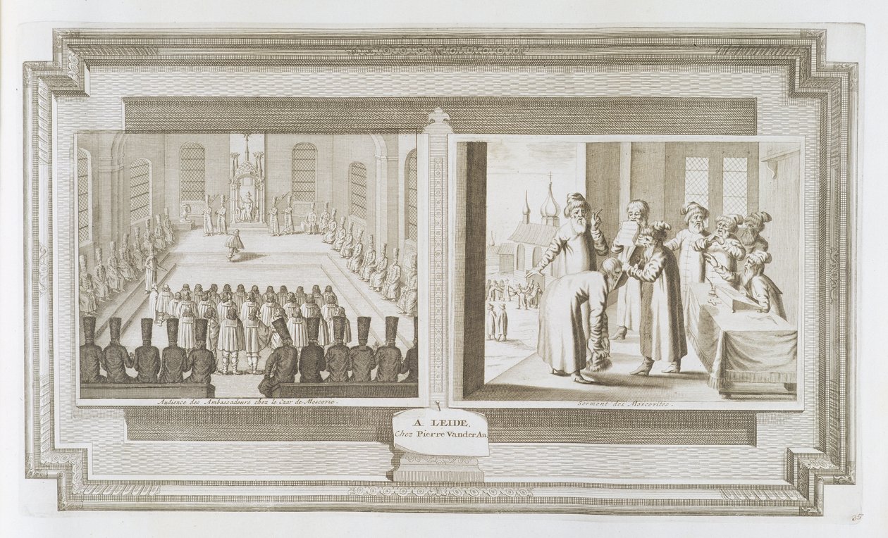 Jelenetek, amelyek egy nagyköveti közönséget ábrázolnak az orosz cárral és a moszkoviták eskütételével, a „La Galerie Agreable du Monde”-ból, 1729 alkotó: Pieter Van der Aa