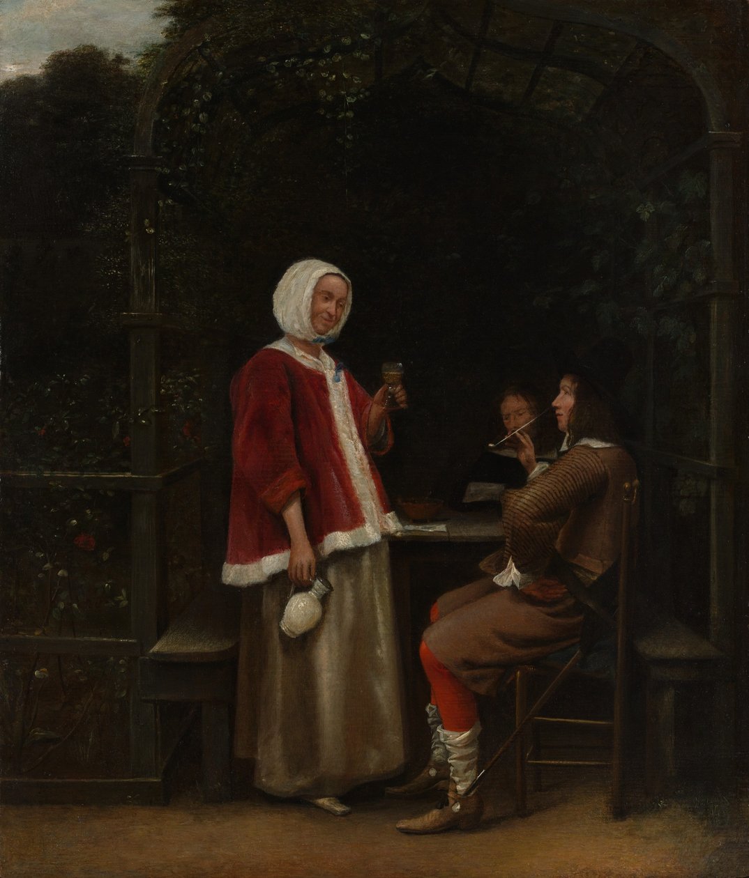 Egy nő és két férfi egy lugasban alkotó: Pieter de Hooch