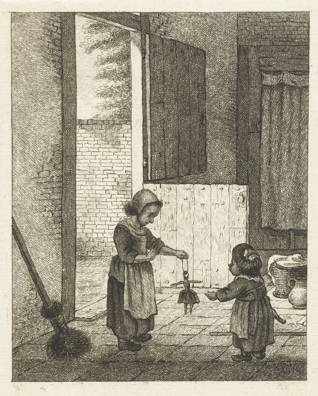 Két lány játszik egy babával alkotó: Pieter de Mare