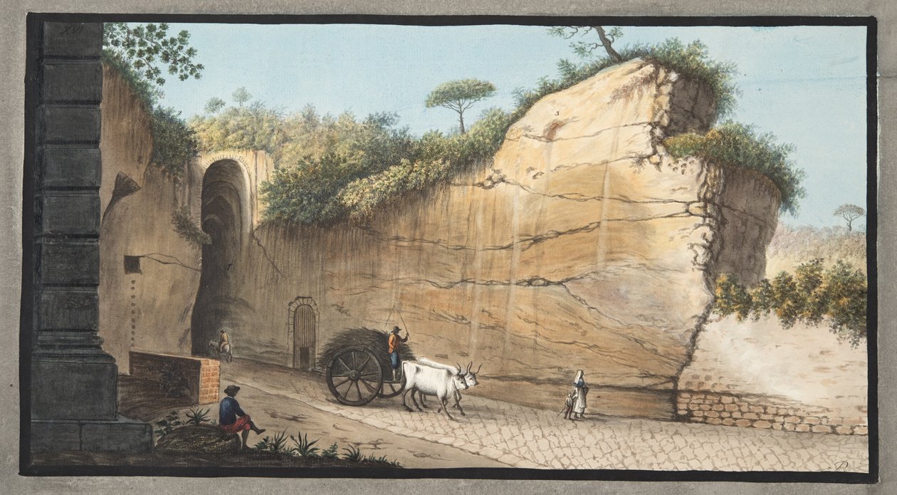 A pausilipoi barlang bejárata, XVI. tábla, Sir William Hamilton (1730-1803) „Campi Phlegraei: Észrevételek a két szicília vulkánjáról” című művéből, 1776-ban (kézzel színezett metszet) alkotó: Pietro Fabris