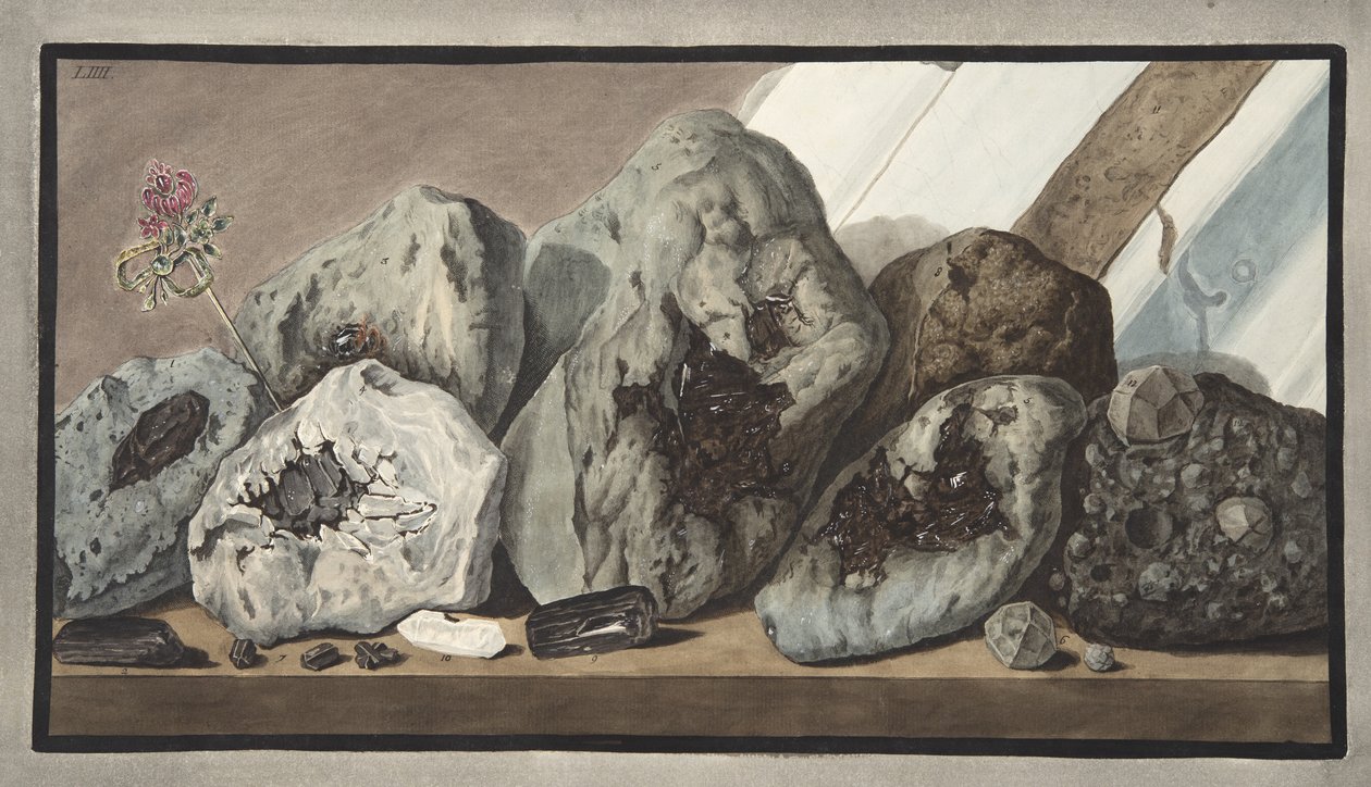 A Vezúv drágaköveinek nevezett kristályok kövei, LIIII. tábla, a "Campi Phlegraei"-ből: Observations on the Volcanoes of the Two Sicilies", Sir William Hamilton (1730-1803), megjelent 1776-ban (kézi színezés). alkotó: Pietro Fabris