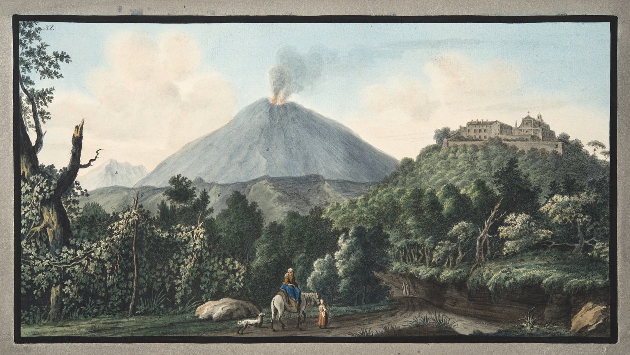 Kilátás a Monte S. Angelo-ra, amelyen a Camaldolefi szerzetesek kolostora található, XI. tábla, Sir William Hamilton (1730-1803) „Campi Phlegraei: Observations on the Volcanoes of the Two Sicilies” c. alkotó: Pietro Fabris