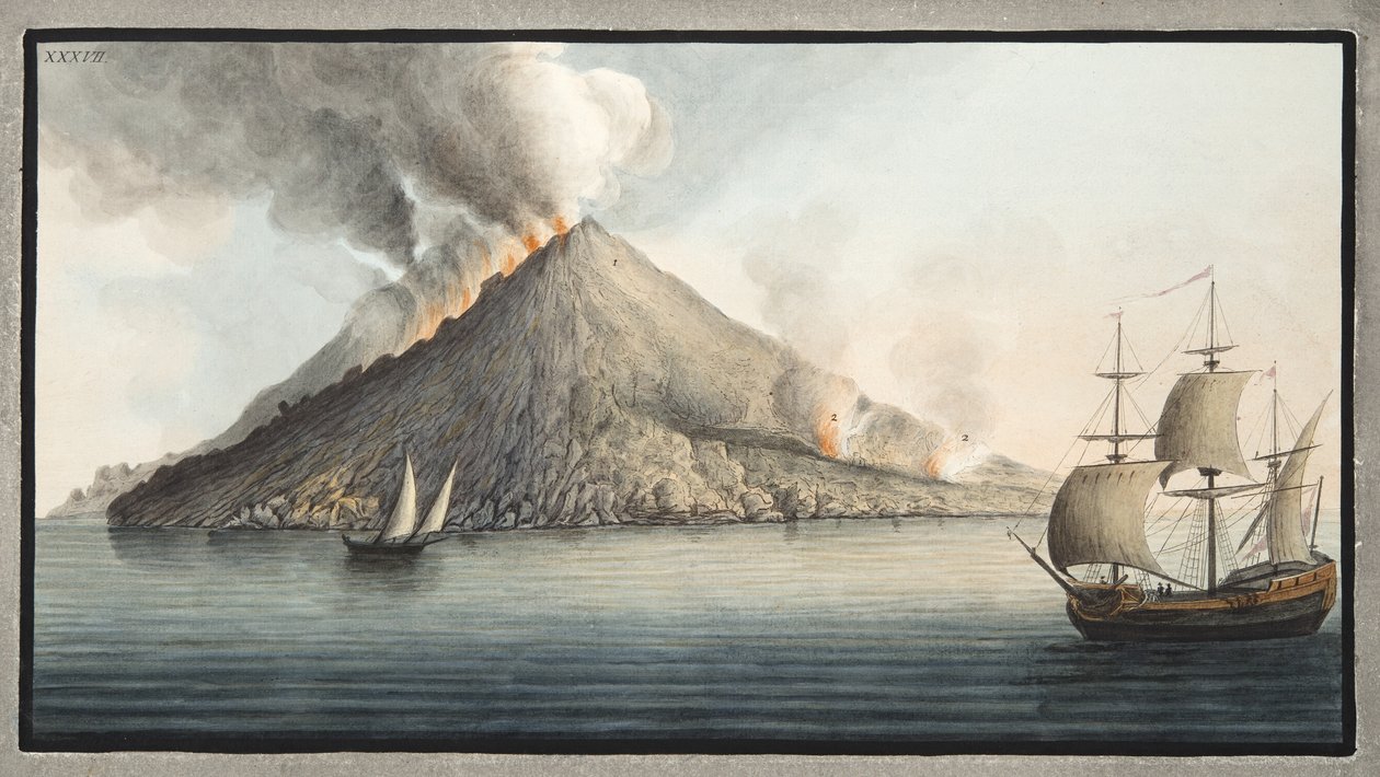 Monsieur Fabris képe Stromboli szigetéről, XXXVII. tábla, Sir William Hamilton (1730-1803) „Campi Phlegraei: Észrevételek a két szicília vulkánjáról” című művéből, 1776-ban. alkotó: Pietro Fabris