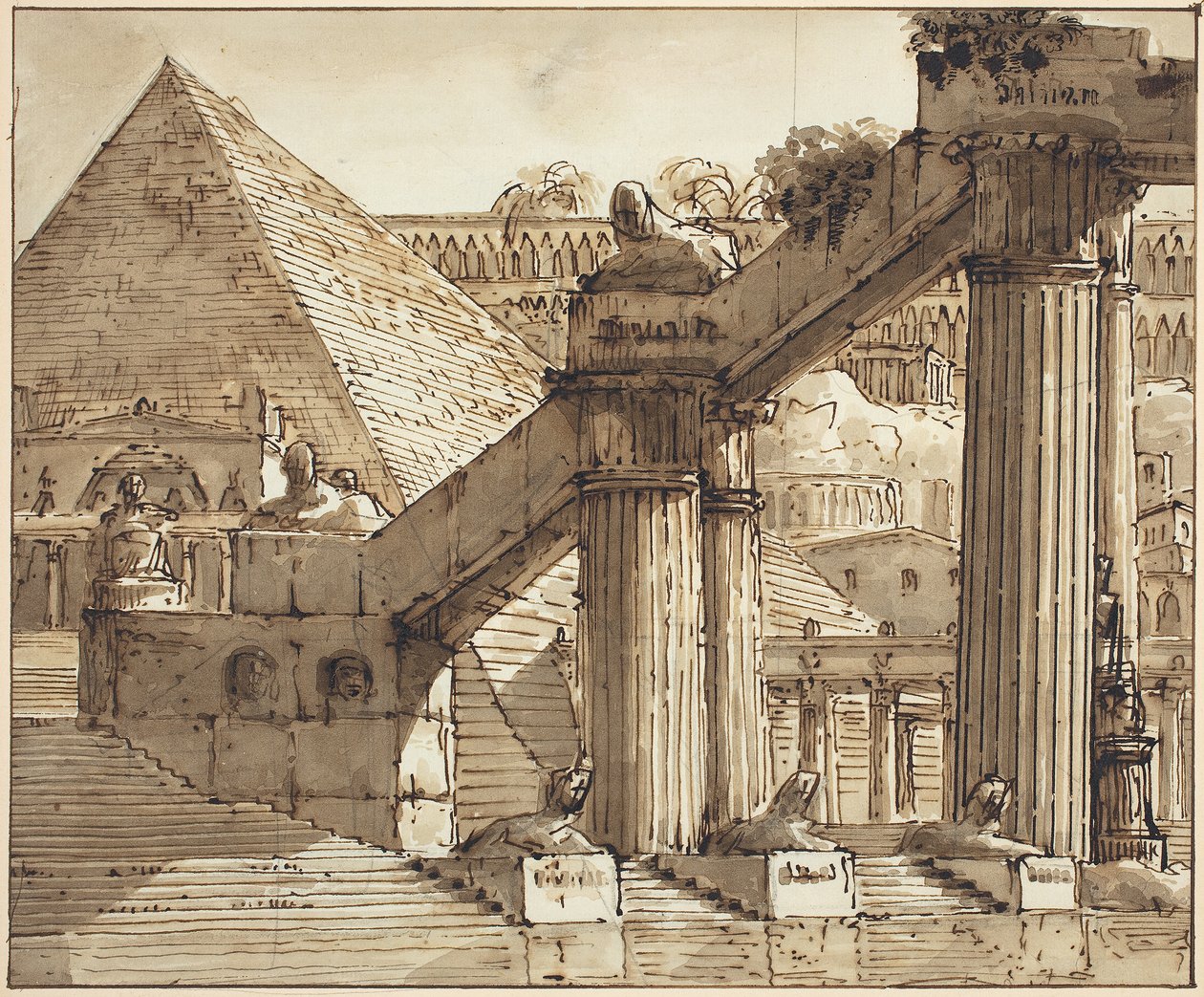 Egyiptomi színpadkép, 1800-10 (toll és barna tinta, grafit fölött barna mosással, rakott papírra) alkotó: Pietro Gonzaga