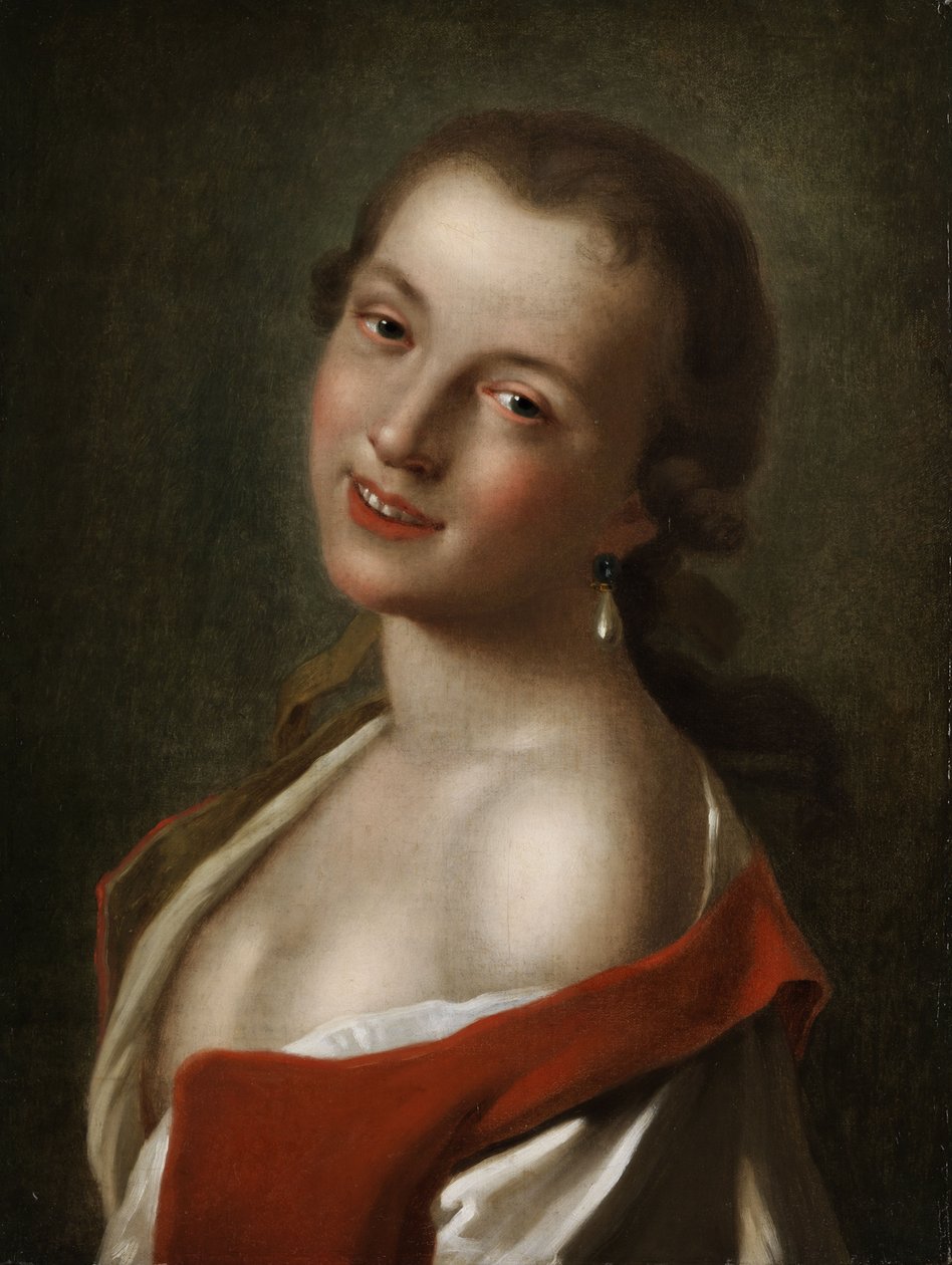 Fiatal, mosolygós lány portréja, könnycsepp alakú gyöngy fülbevalóval alkotó: Pietro Antonio Rotari