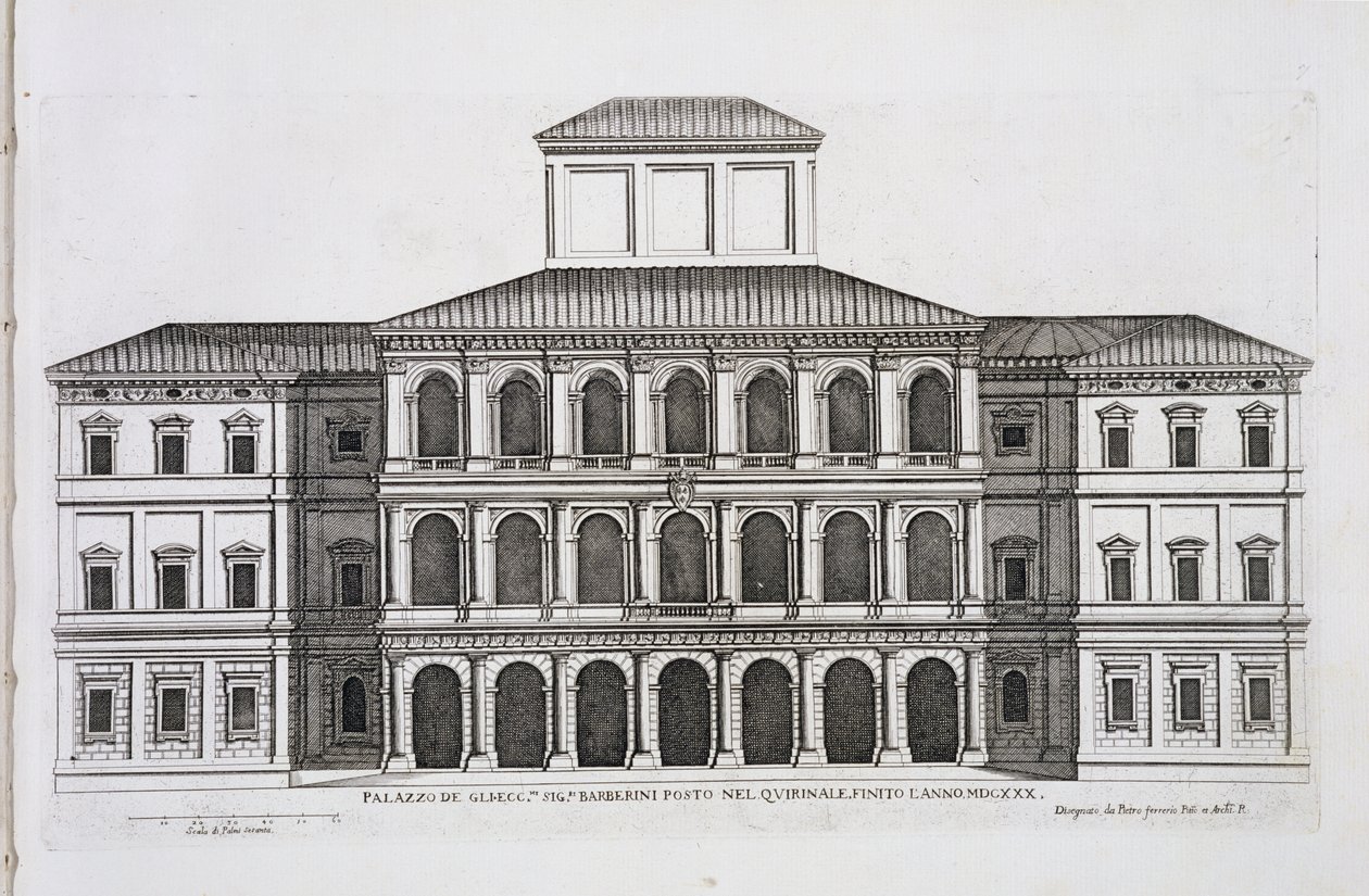 Palazzo Barberini a Quirinale-n, 1630-ban fejeződött be, a „Palazzi di Roma” I. részéből, 1655-ben jelent meg alkotó: Pietro Ferrerio