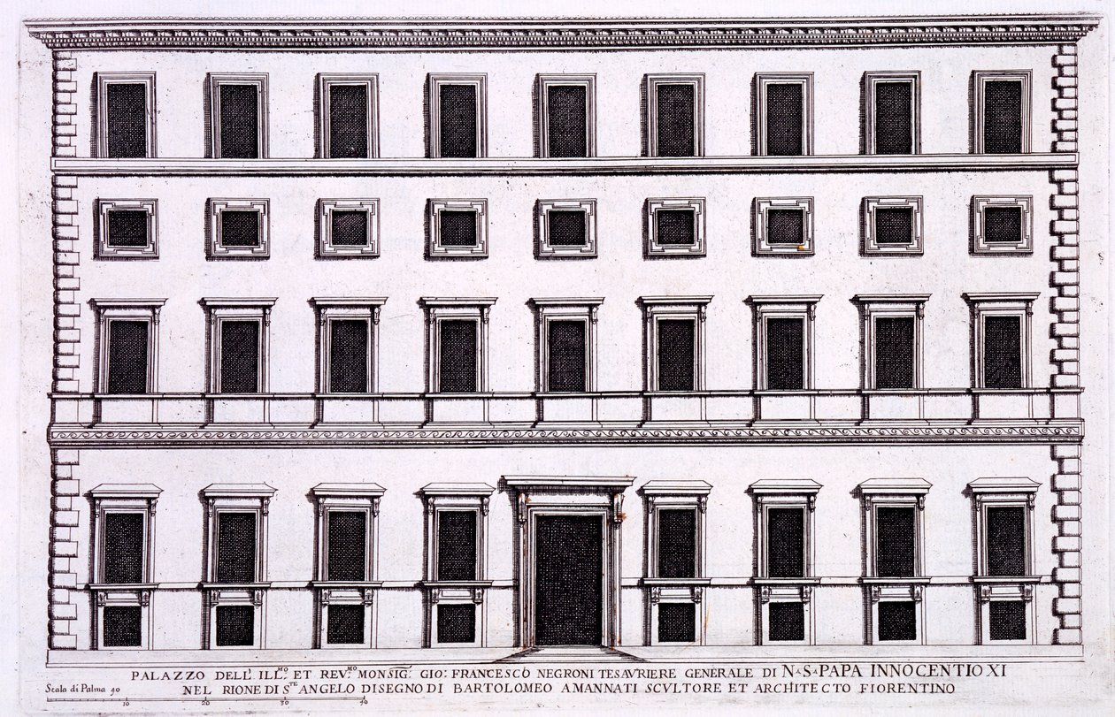 Giovanni Francesco Negroni palotája, XI. Innocent pápa (1611-89) kincstárnoka, Róma, a „Palazzi di Roma” I. részéből, 1655-ben jelent meg alkotó: Pietro Ferrerio