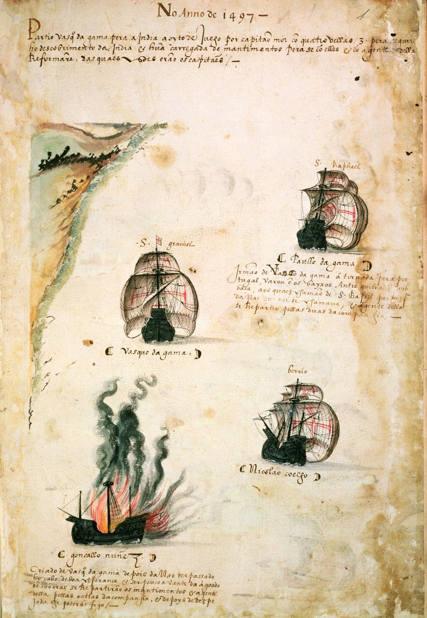 Vasco da Gama (kb.1469-1524) távozása 1497-ben a "Libro das Armadas"-ból alkotó: Portuguese School