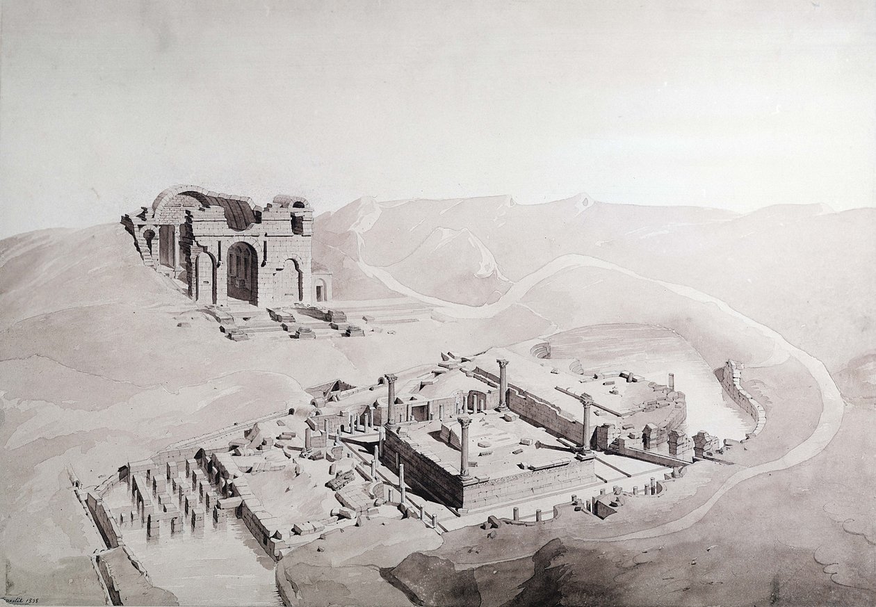 Nimes-i Thermae és Nymphaeum, 1838 (papíron mosás) alkotó: Questel