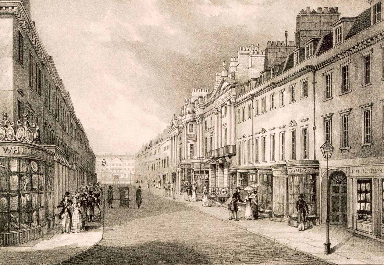 Milsom utca, a „Bath kilátásai” című filmből, 1843 körül alkotó: R. Woodroffe
