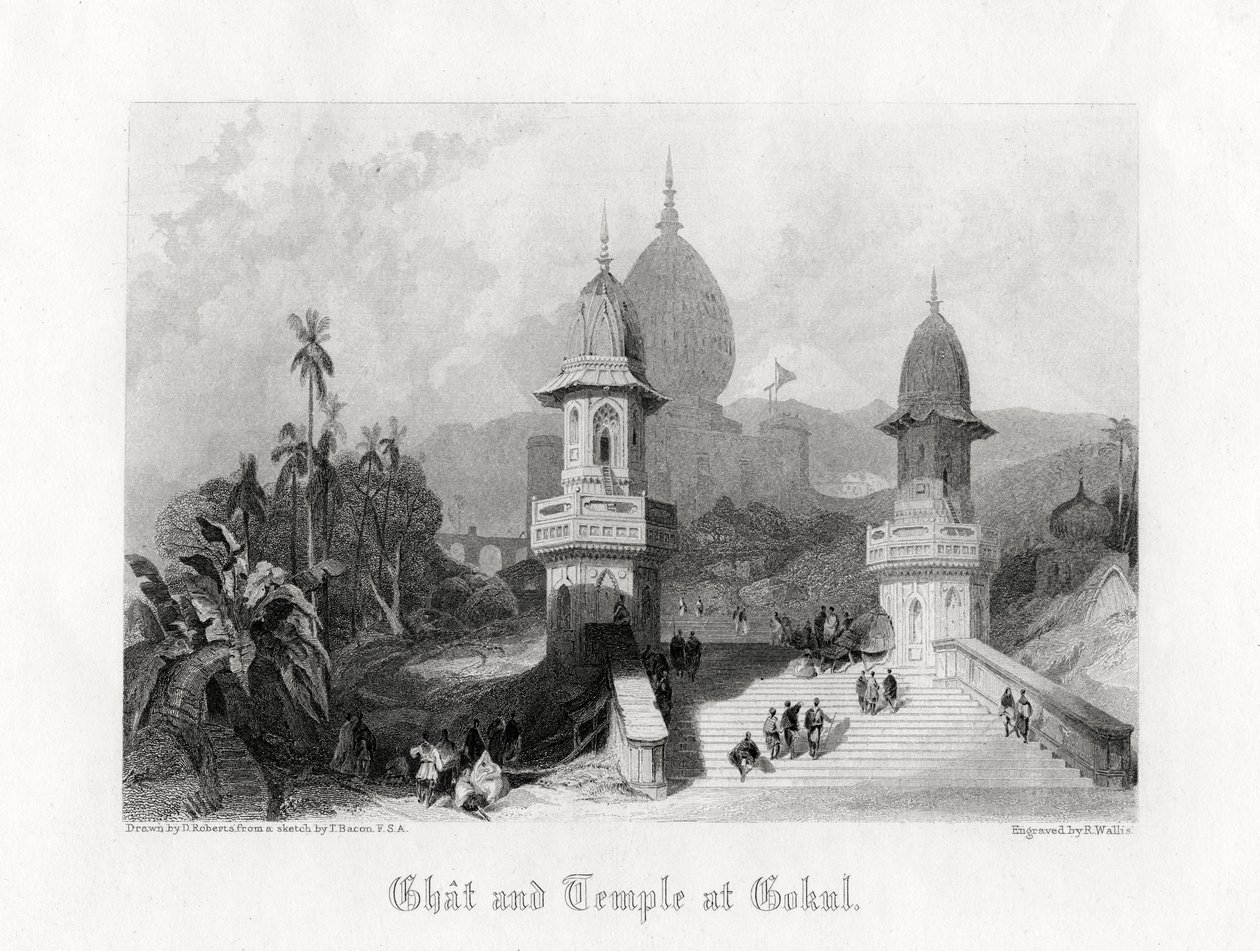 Ghat és templom Gokulban, Indiában, 1838. alkotó: R. Wallis