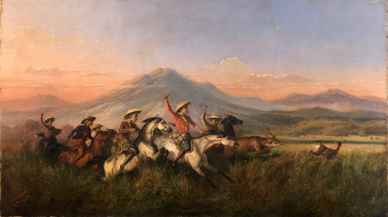 Hat lovas szarvast üldöz, 1860. alkotó: Raden Saleh