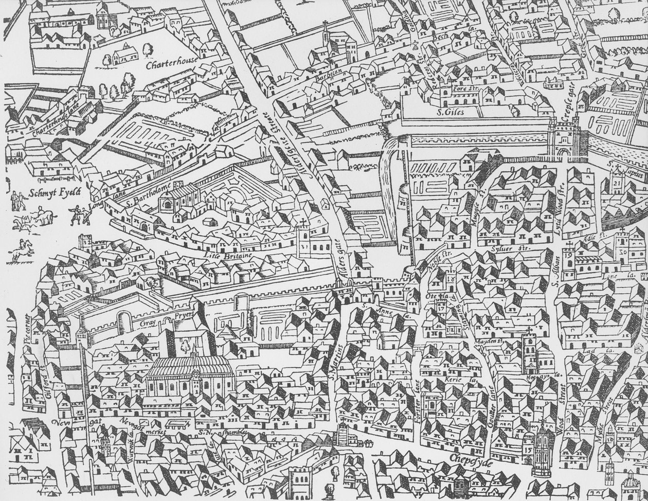 Detail of London Wall East of Smithfield from Civitas Londinium woodblock print alkotó: Ralph Agas