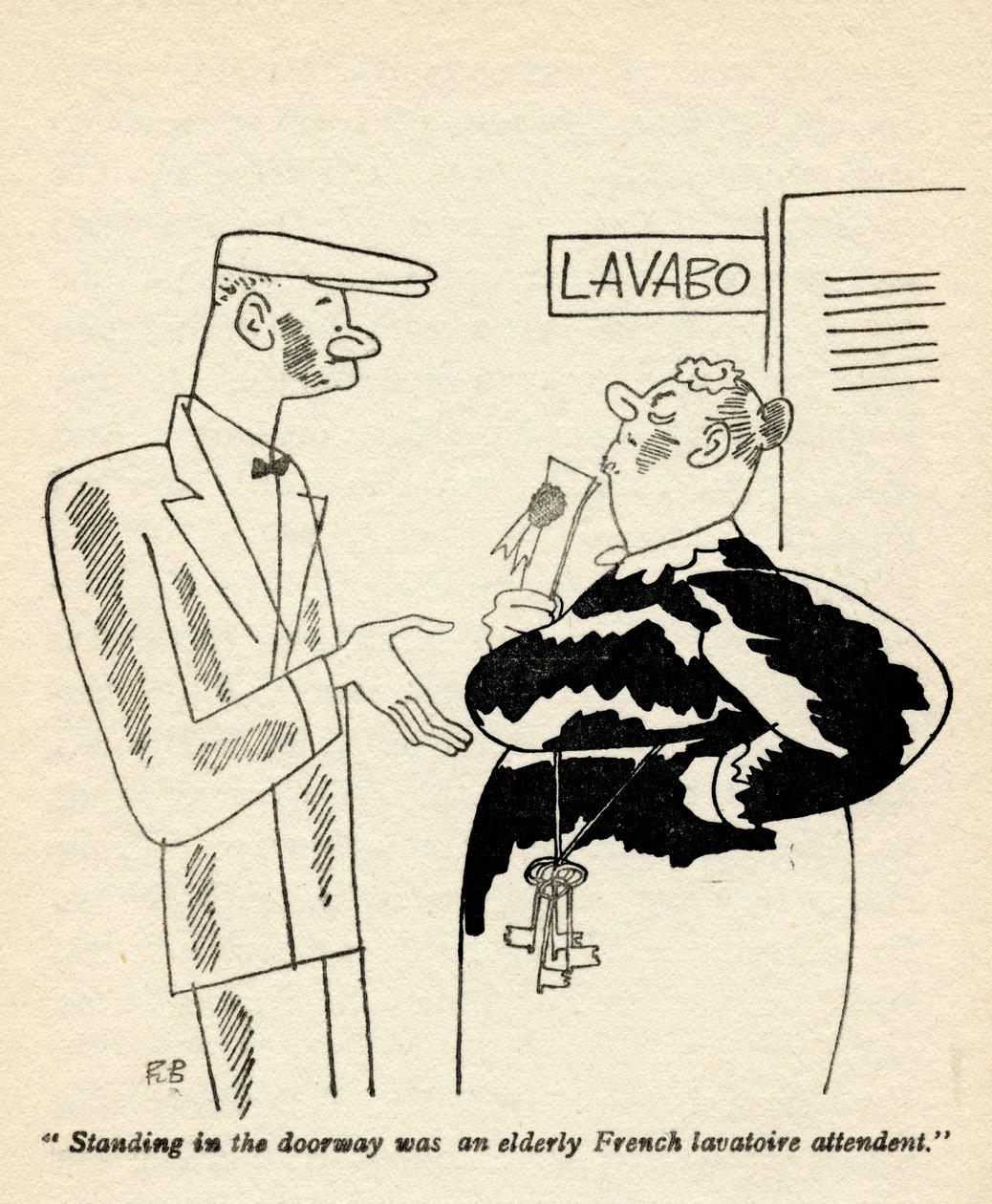 „Az ajtóban egy idős francia mosdó-kísérő állt.” Illusztráció Anita Loos 1928-ban megjelent „But Gentlemen Marry Barnettes” című művéből. alkotó: Ralph Barton