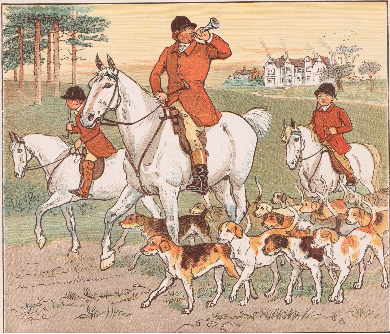 A vadász megfújja a kürtjét alkotó: Randolph Caldecott