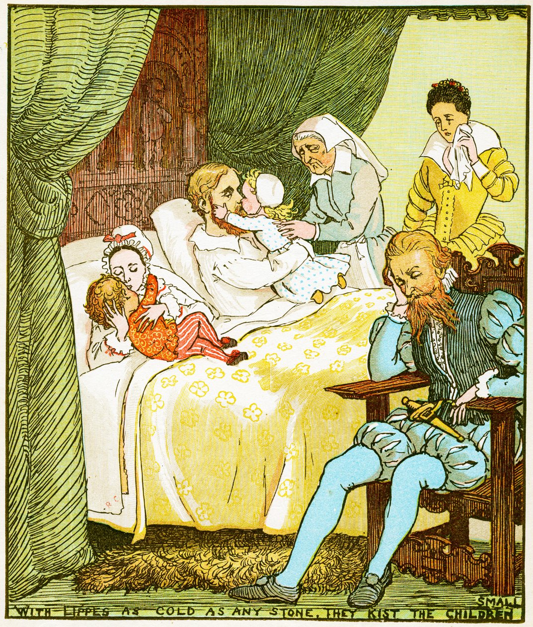 Hideg ajkakkal, mint minden kő, kicsiket csókolnak a gyerekekkel, illusztráció a Kislányok a fában, 1885 alkotó: Randolph Caldecott
