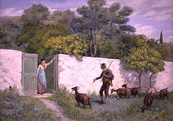 Jelenet a Mentone-ban: "A kecskepásztor" (guache) alkotó: Randolph Caldecott