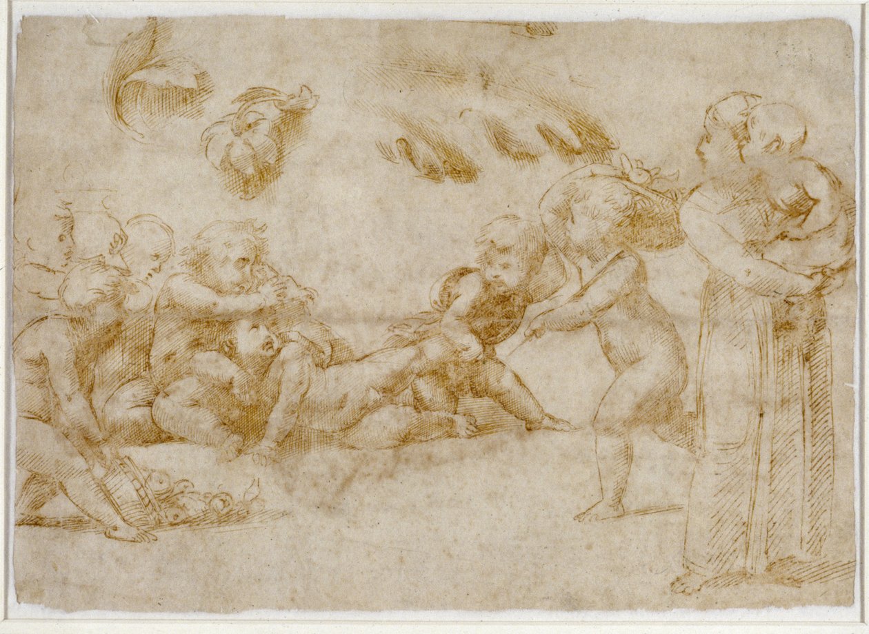 Amorini at Play (toll és barna tinta törtfehér papíron) alkotó: Raffaello Sanzio Raphael