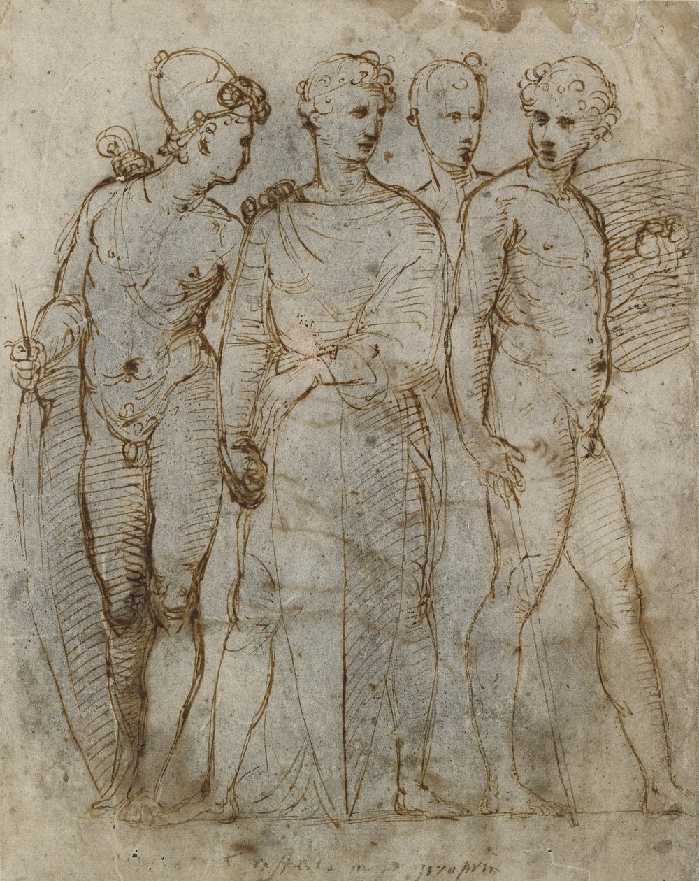 Harcosok csoportja (Donatello Szent György Orsanmichele-ben középen) (toll és barna tinta fehér papíron) alkotó: Raffaello Sanzio Raphael