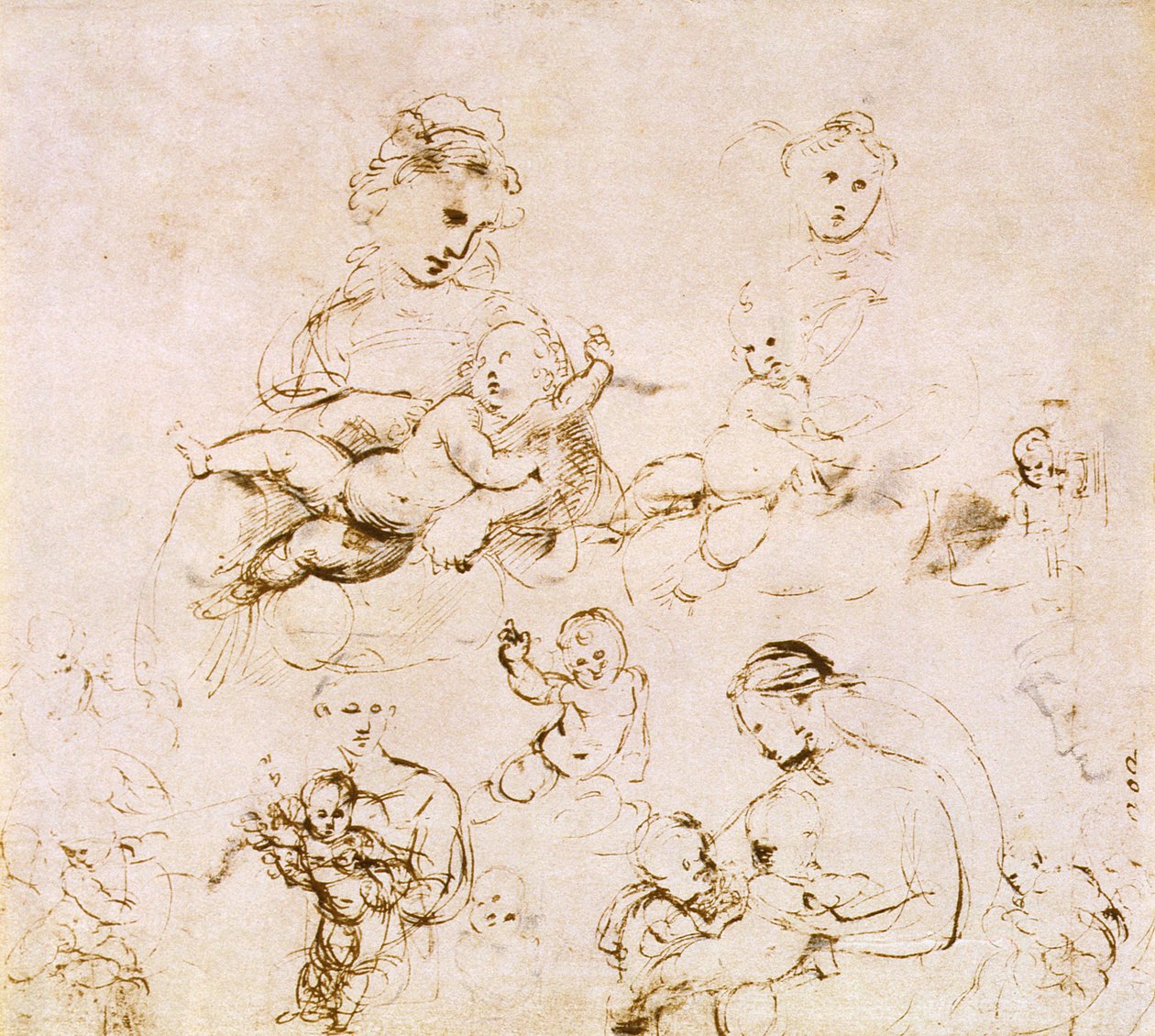 Több Madonna és gyermek tanulmány (toll és tinta) alkotó: Raffaello Sanzio Raphael