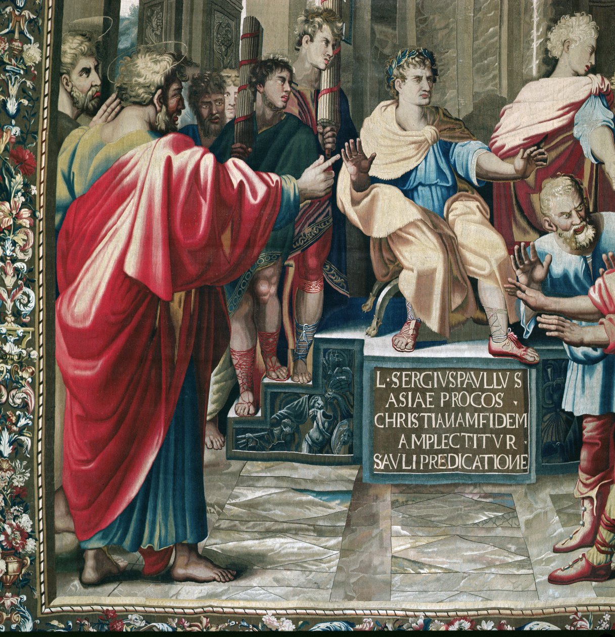 Az Apostolok Cselekedeteit ábrázoló kárpit. Szent Pál és Sergius Paulus római prokonzul Elymas vaksága című részlete, amelyet a Beauvais-műhelyben szőttek Philippe Behagle irányításával alkotó: Raffaello Sanzio Raphael