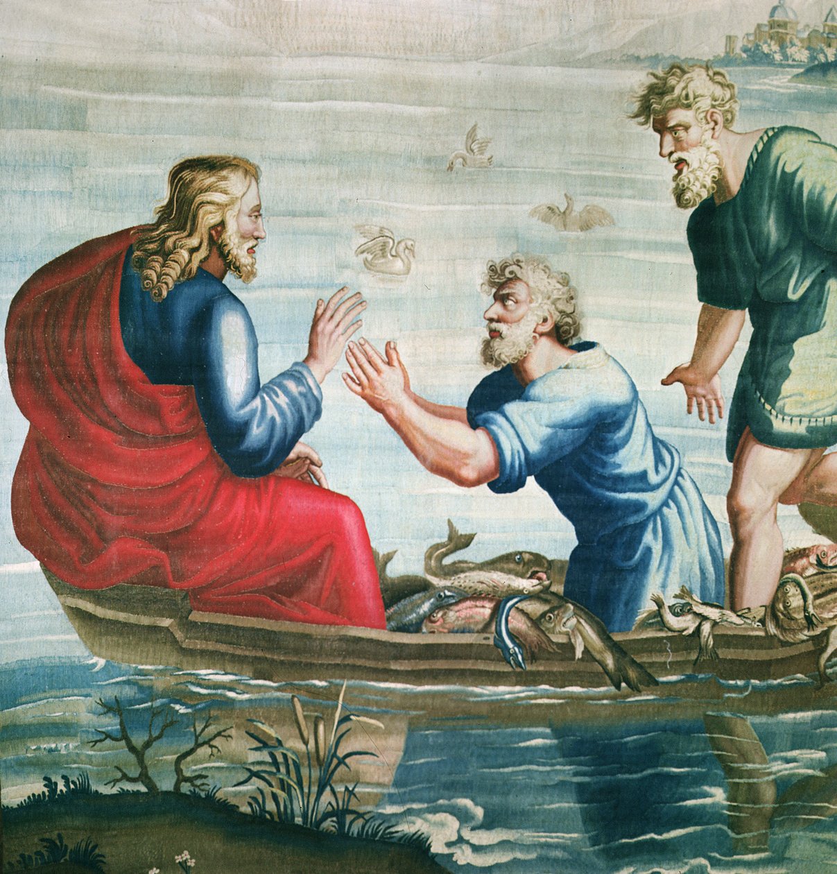 Az Apostolok Cselekedeteit ábrázoló kárpit, A csodálatos halfogás Krisztus és Szent Péter térdelő részlete, a Beauvais Workshopban szőtt Philippe Behagle 1641-1705 irányításával, 1 alkotó: Raffaello Sanzio Raphael