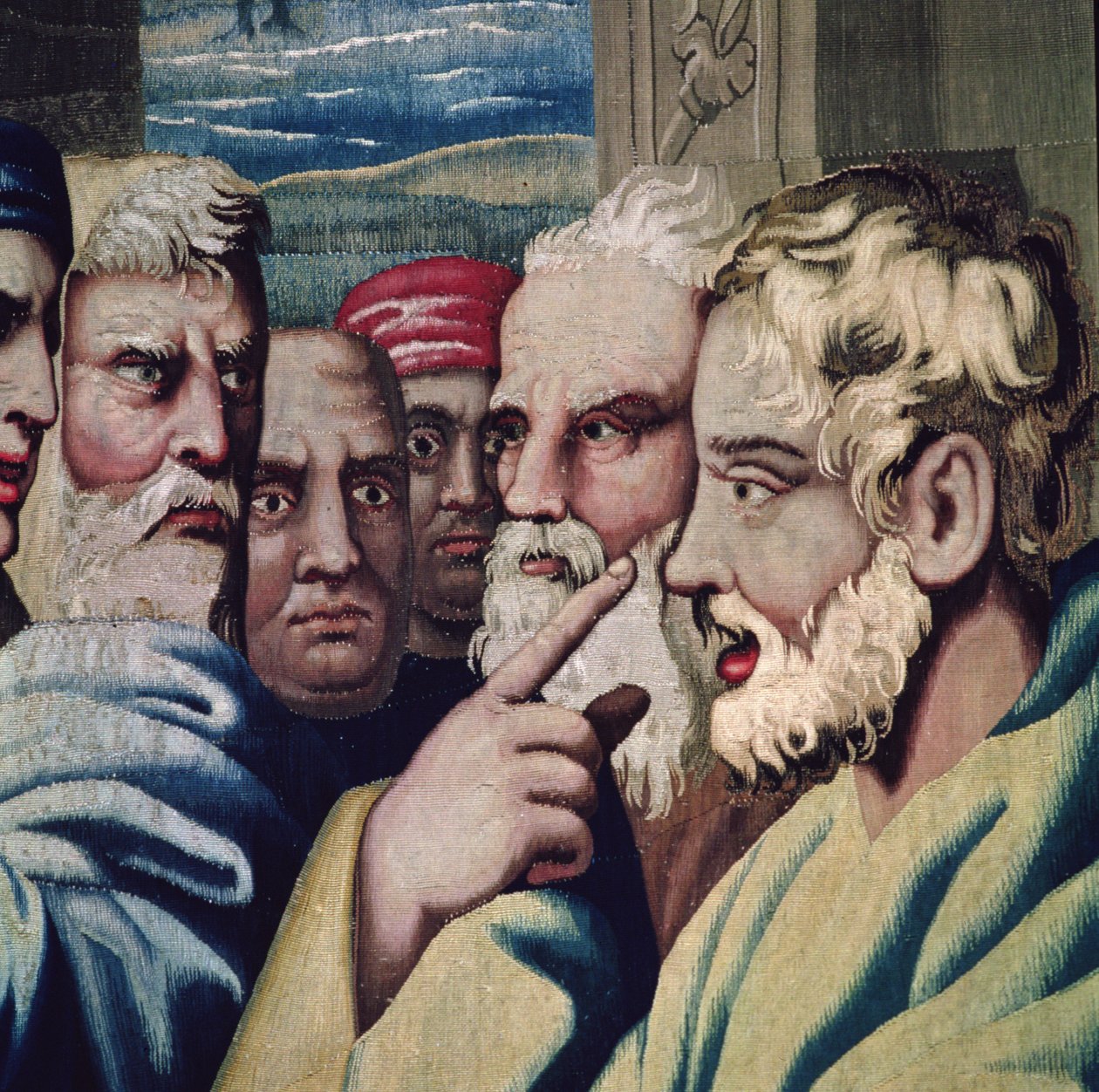 Az Apostolok Cselekedeteit, Elymas megvakítását ábrázoló kárpit a megdöbbent nézők részletében, amelyet a Beauvais-műhelyben szőttek Philippe Behagle irányításával 1641-1705, 1695-98 gyapjúszalag alkotó: Raffaello Sanzio Raphael