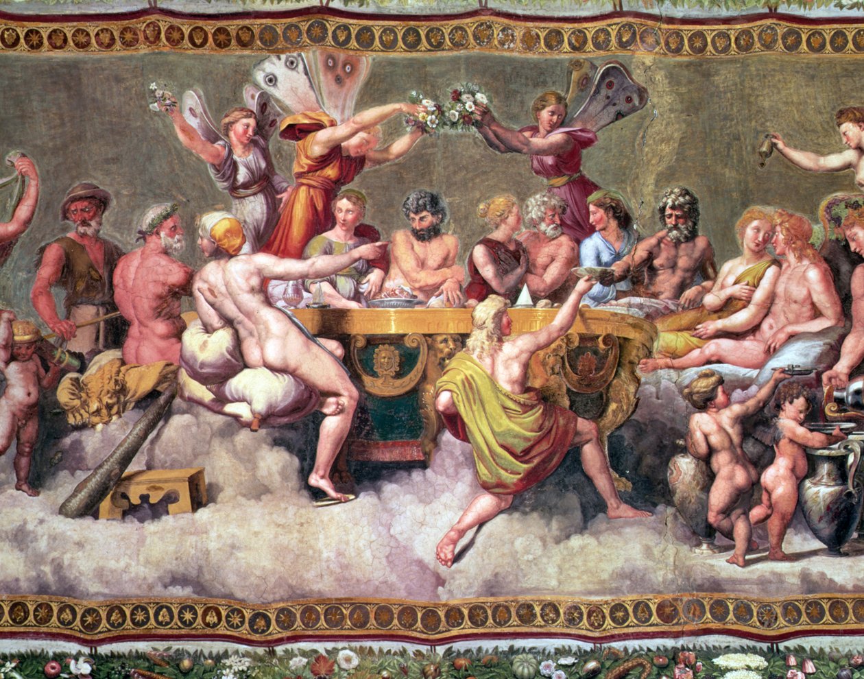 Az istenek lakomája, mennyezeti festmény az Ámor és Psyche udvarlása és házassága freskó részlet 57688-ból alkotó: Raffaello Sanzio Raphael