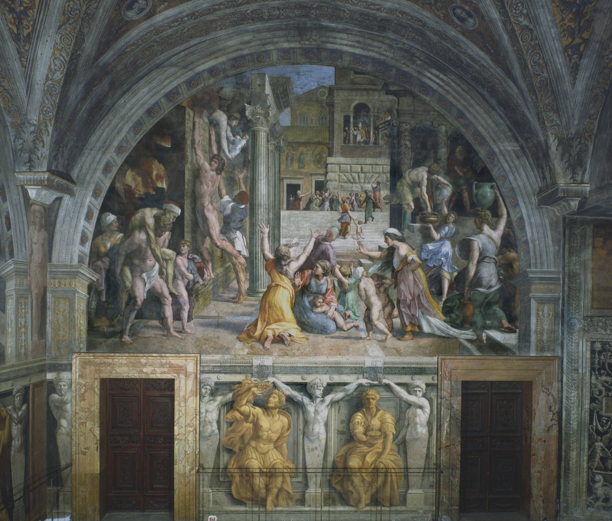 A borgói tűz, a borgói tűz szobája, 1514 alkotó: Raffaello Sanzio Raphael