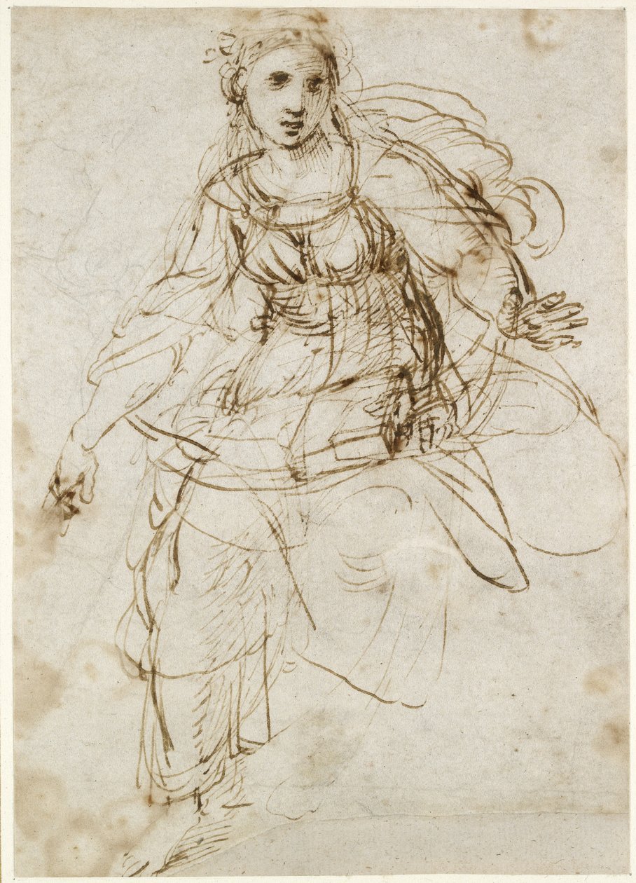 Recto: Allegorical Figure of Theology, WA1846.195 (toll és barna tinta, külön ólomhegy nyomaival a rectón) alkotó: Raffaello Sanzio Raphael